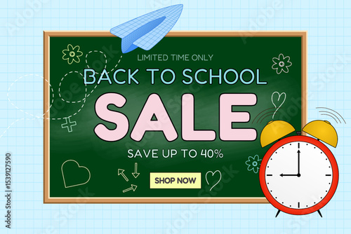 Back to school sale banner with chalkboard, alarm clock, paper airplane and decorative doodles. School supplies promotion on graph background. For seasonal shopping advertisement, marketing material.