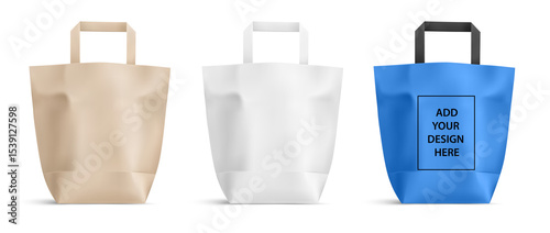Paper shopping bags Mockup. Kraft paper, Blue and White packaging with handles for supermarket or grocery store. Branding Design template isolated on white. PNG illustration.