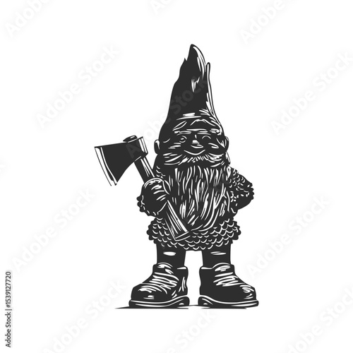 Garden Gnome With Axe Silhouette Illustration. Whimsical Fantasy Character Design Isolated Vector Illustration