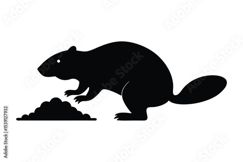 Silhouette of a beaver building a dam in river scene vector illustration.