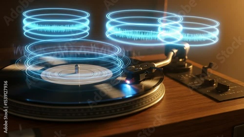 Vintage turntable playing music with glowing sound waves