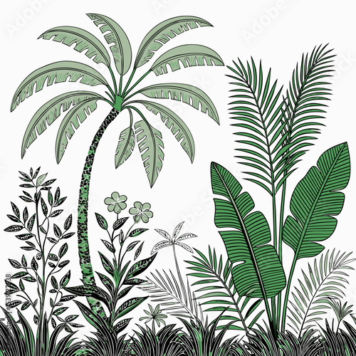 Tropical vintage botanical palm trees, banana tree, green plants floral seamless border white background. vector	