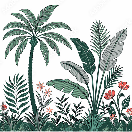 Tropical vintage botanical palm trees, banana tree, green plants floral seamless border white background. vector	