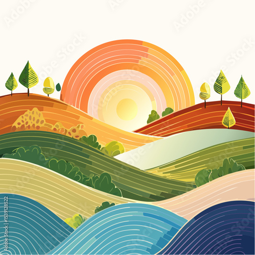 Colorful stylized illustration of rolling hills and a vibrant sunset.