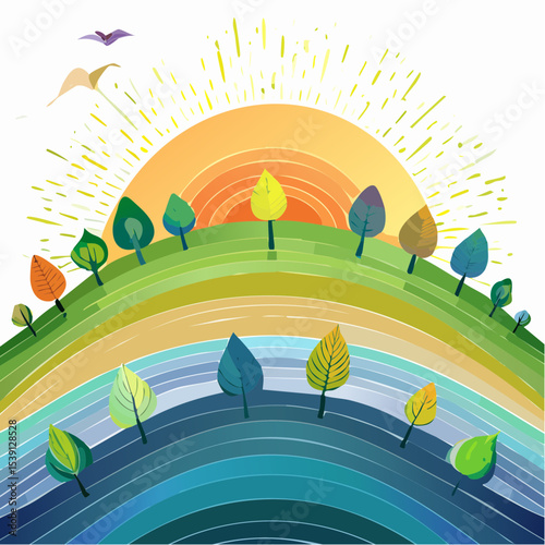 Stylized landscape illustration depicting a sun rising over rolling hills and trees, showcasing vibrant colors and a peaceful scene.
