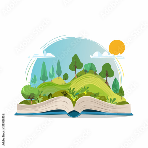 Open book with a vibrant landscape illustration emerging from its pages, featuring hills, trees, and a bright sun.