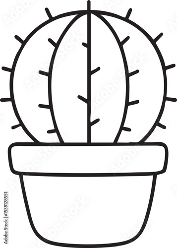 Minimalist Line Art Illustration of a Round Cactus in a Pot Isolated on a White Background Simple Design