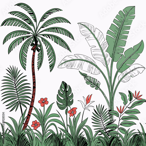 Tropical vintage botanical palm trees, banana tree, green plants floral seamless border white background. vector	