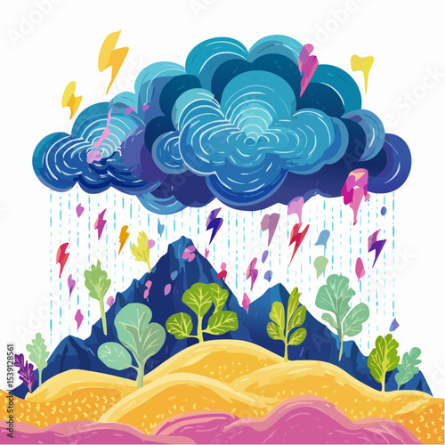 Illustration of a stormy cloud raining and flashing lightning over a landscape with hills and trees.