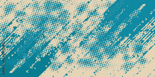 Grainy blue spiral brush stroke with spray texture. Hand drawn distress damaged edge vintage banner with spiral bold line. Grainy bold brush strokes texture with scattered tiny dots. Retro background