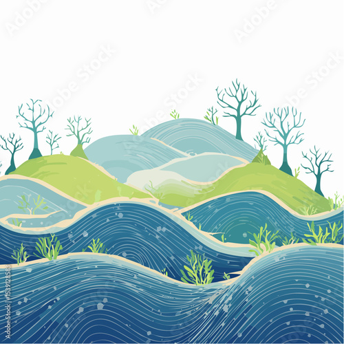 A stylized illustration of rolling hills and water, with bare trees.