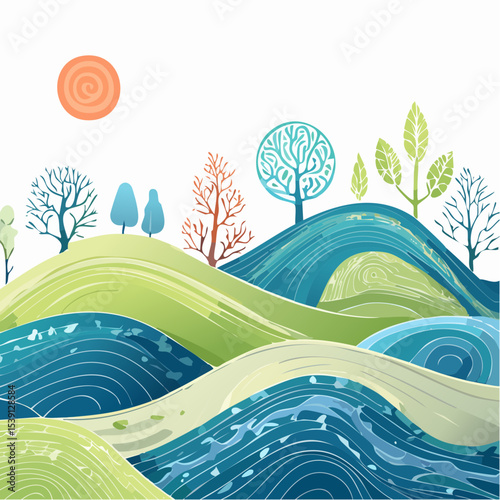 Stylized landscape illustration featuring rolling hills, a meandering river, and diverse stylized trees under a simple sun.