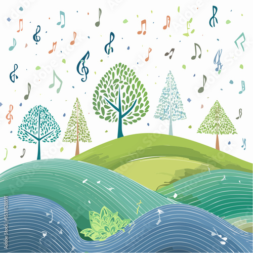 Whimsical illustration of trees on rolling green hills with musical notes floating above, creating a serene and artistic landscape.