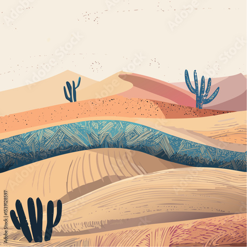 A stylized desert landscape featuring undulating sand dunes, cacti, and a textured oasis.