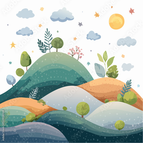 Colorful cartoon hills with trees, flowers, and clouds, a whimsical landscape.
