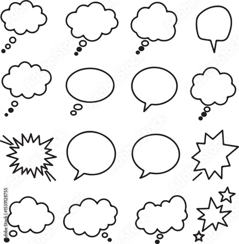 Collection of Diverse Speech and Thought Bubbles Black and White Comic Style Graphic Elements