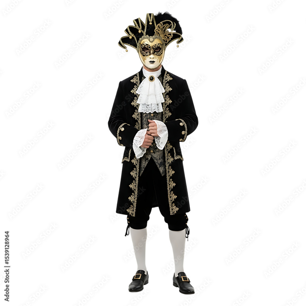 Fototapeta premium Man Wearing White Venetian Lace Masquerade Mask and Renaissance Costume on White Background