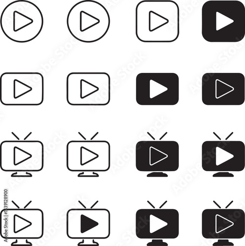 Play Button Variations Set in Circle, Square, and Television Shapes Showcasing Black and White Icon Designs