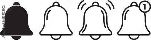 Notification Bell Icons Representing Different States Ranging from Silent to Notification Pending to Alert