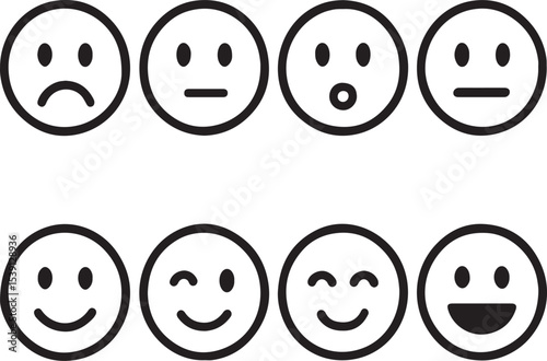 Variety of Simple Black and White Emoticons Illustrating Range of Emotions from Sadness to Joy and Neutrality in Vector Format