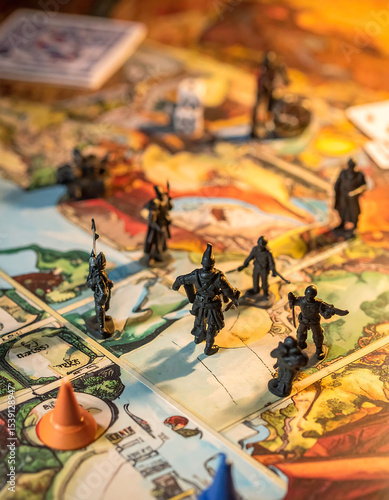 Closeup showing a strategic board game with miniature figures in play. Evokes competition, strategy, planning, and decisionmaking. Good for business or leisure themes.
