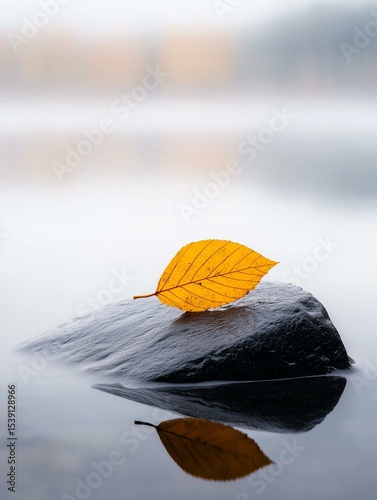Photograph of a single yellow leaf resting on top of a black rock. the leaf is lying on the edge of the rock, with its reflection visible in the water below.