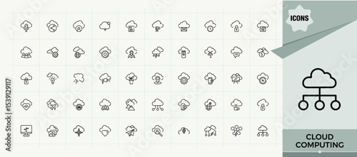 Cloud Computing vector line icon set. Thin outline icons pack. Pixel perfect. Vector illustration. Hosting icon pack. Pack of data, compute, database, web, system, technology, server and more.