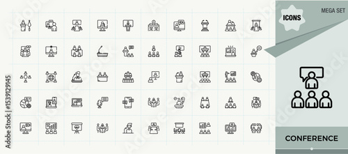 Conference linear icon set. Contain linear sign team, business, seminar, meet and more. Presentation modern icon set. Outline symbol collection. Vector illustration.
