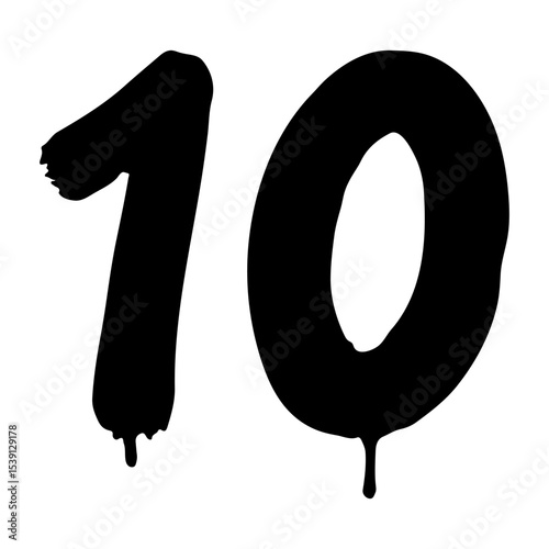 Hand-drawn black number 10 with dripping ink effect. Bold stylized numeric character for design and print. Vector illustration
