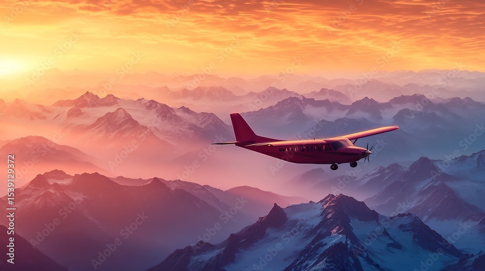 Fototapeta premium Propeller Plane Soaring Over Majestic Mountainous Landscape at Dramatic Sunset