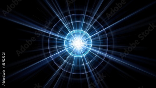 Bright blue light burst with circular patterns on black background  