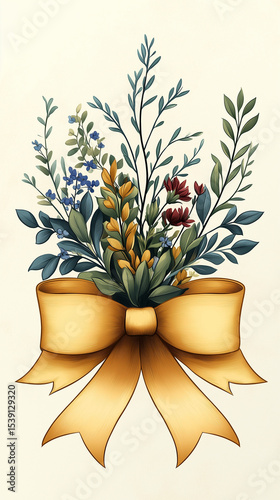 Illustrative floral arch in vintage engraving style with ribbon bow at base. Includes wildflowers, laurel leaves, eucalyptus and herbs. Suitable for elegant packaging, labels or stationery. Isolated o