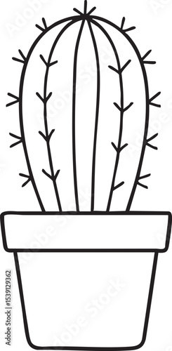 Minimalist Line Art Illustration A Potted Cactus with Vertical Ribs and Spines Perfect for Coloring Pages and Botanical Designs