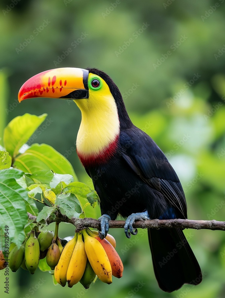 Obraz premium Close-up of a toucan bird perched on a branch with a bunch of bananas. the toucan has a bright yellow beak with a red and black stripe running down the middle.