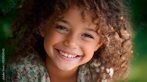Smiling child with curly hair under natural light. Static shot. 4K.
