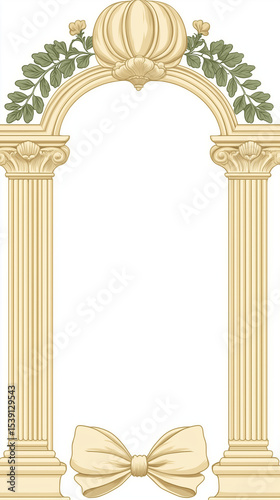 Illustrative floral arch in vintage engraving style with ribbon bow at base. Includes wildflowers, laurel leaves, eucalyptus and herbs. Suitable for elegant packaging, labels or stationery. Isolated o