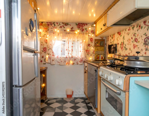 Cozy vintage kitchen interior with floral wallpaper and string lights. Retro appliances and checkered floor create a nostalgic and charming atmosphere. Ideal for home design, travel concepts.
