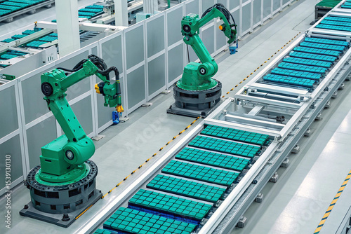 Automated Manufacturing Line with Robotic Arms Assembling Solar Panels