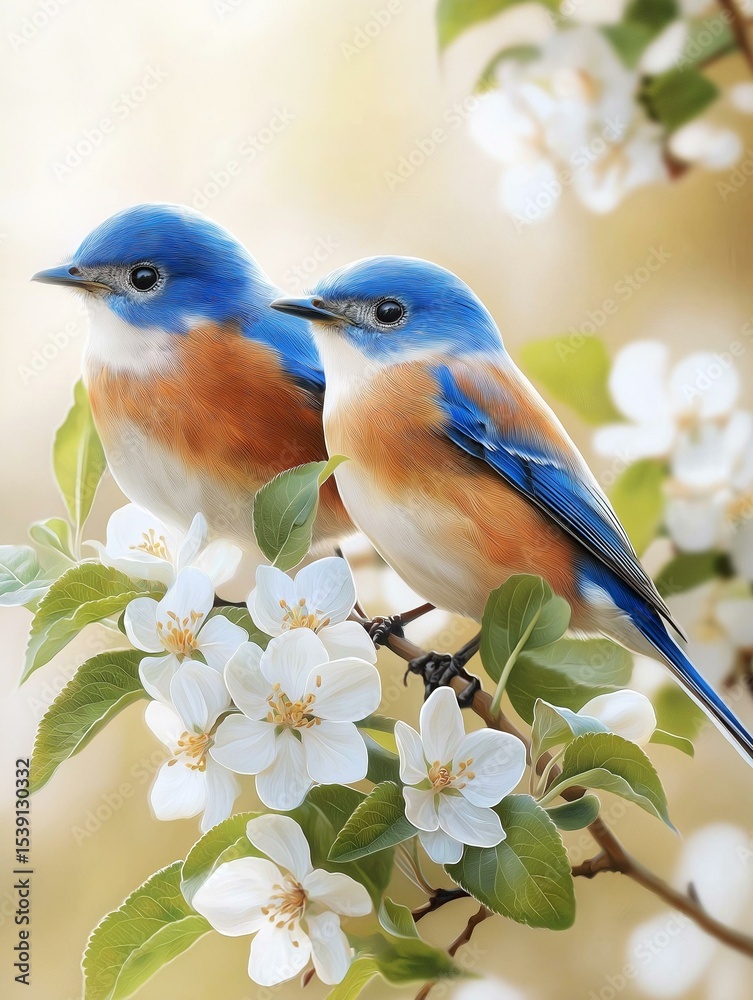 Obraz premium Two bluebirds perched on a branch of a tree with white flowers. the birds are facing each other and their bodies are facing towards the left side of the image.