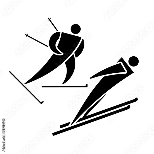 Men's Nordic combined sport icon, black silhouette isolated on white. Running cross-country skiing and ski jumper athlete, minimalist stencil sign. Vector clipart for winter games and sport design.