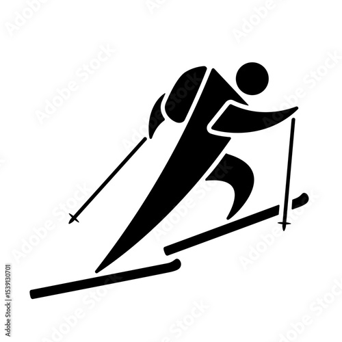 Ski mountaineering or skimo or ski climber icon, black silhouette isolated on white. Skier athlete with backpack climbing uphill, minimalist stencil sign. Vector clipart for winter sport design.