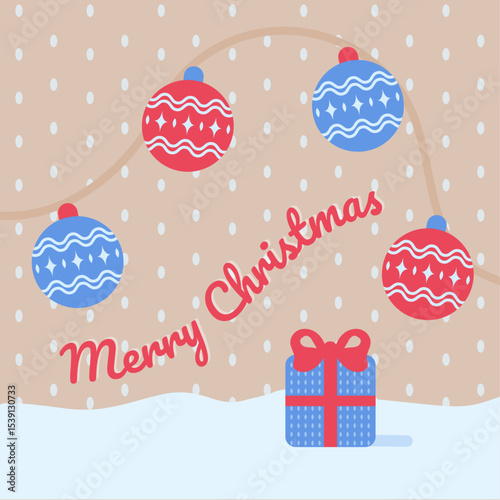 Merry Christmas winter holiday greeting card background with hanging balls, snow, gift box. Happy New Year vector poster illustration