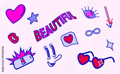 Fun doodle vector illustration set for children and teenager. Smartphone, heart, face, speech bubble, eye, sunglasses, lips. Beautiful modern trendy element set for girl.