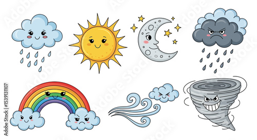 Cute Cartoon Weather Icons Sun, Moon, Clouds, Rain, Rainbow, and Tornado