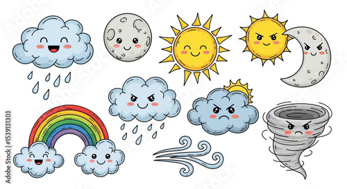 Cute Cartoon Weather Icons Sun, Moon, Clouds, Rain, Rainbow, Wind, Tornado - Vector Illustration