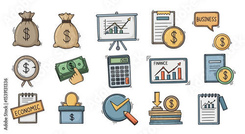 Colorful Business Finance Icons Investment, Economics, and Financial Growth Illustrations