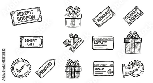 Hand-Drawn Sketch Icons Rewards, Loyalty, Gifts, and Bonuses