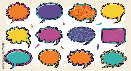 Colorful Doodle Speech Bubbles A Collection of Hand-Drawn Text Boxes for Design Projects