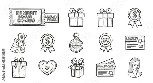 Hand-Drawn Sketch Icons Loyalty Program, Rewards, Gifts & Bonus