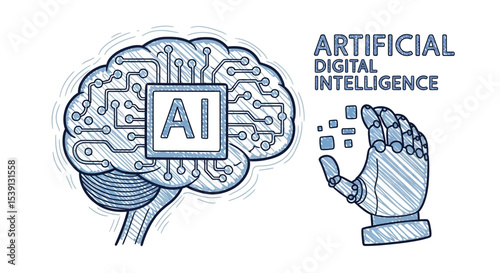 Artificial Digital Intelligence AI Brain and Robotic Hand Illustration